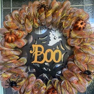 Festive Halloween Wreath with Pumpkins and Spiders